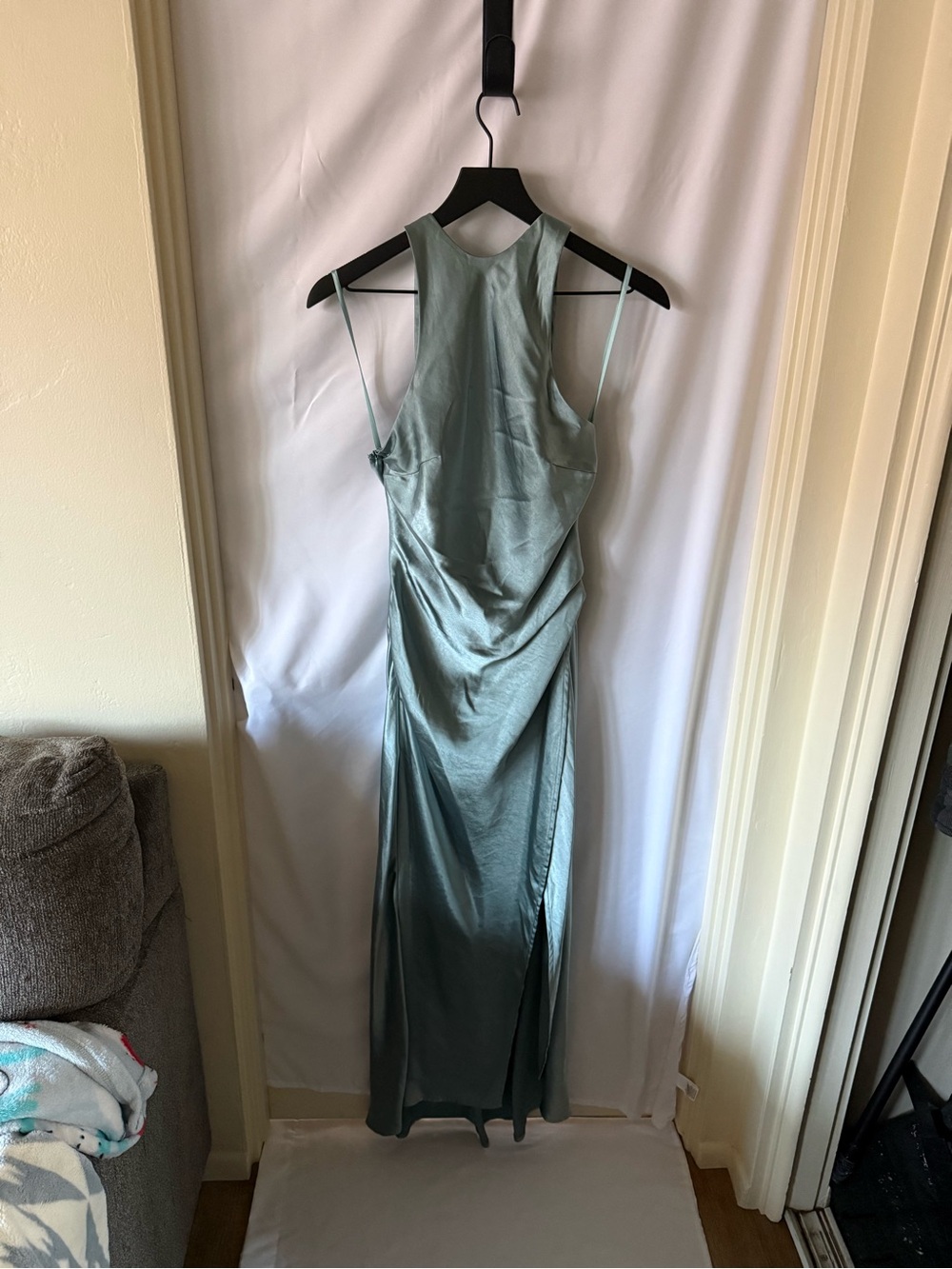 Satin Maxi Dress with Side Drape in Sage